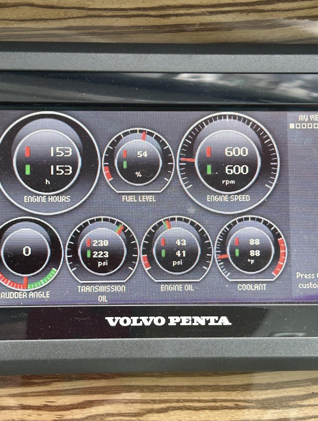 Cruisers Yachts 45 Cantius Volvo Penta dashboard displaying engine metrics on a 2016 Cruisers Yachts 45 Cantius.