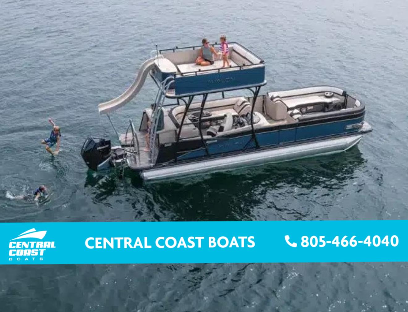 Avalon Catalina Entertainer Funship 2024 Avalon Catalina Entertainer Funship with slide on water, Central Coast Boats contact info.