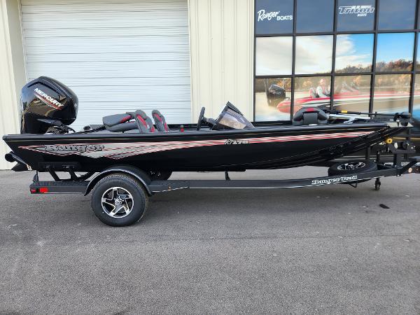 Ranger RT178 2025 Ranger RT178 boat, black, on trailer, parked outside showroom.