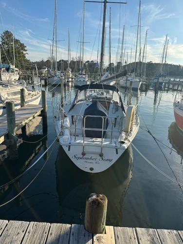 Ericson 30 Plus 1985 Ericson 30 Plus sailboat docked in a marina, surrounded by other boats.