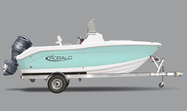 Robalo R180 Center Console 2025 Robalo R180 Center Console boat on trailer, side view.
