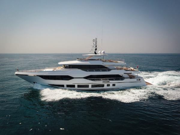 Majesty 120 Luxury Majesty 120 yacht cruising on open sea, 2026 model.