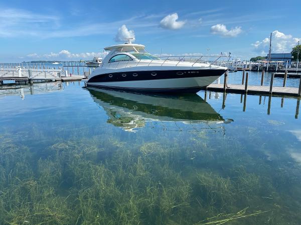 Maxum 4200 SCR 2002 Maxum 4200 SCR yacht docked in clear, calm marina waters.