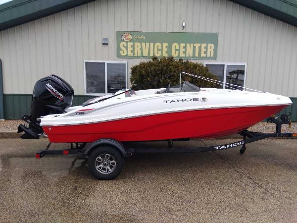 Tahoe T16 2025 Tahoe T16 boat in red and white at service center.