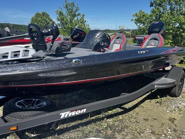Triton 179 TRX 2024 Triton 179 TrX bass boat on trailer, side view.