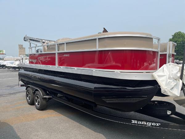 Ranger Reata 200C 2024 Ranger Reata 200C pontoon boat with red and black exterior on a trailer.