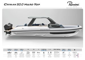 Ranieri Cayman 50 Hard Top 2025 Ranieri Cayman 50 Hard Top boat, sleek design, side view, specifications displayed below.