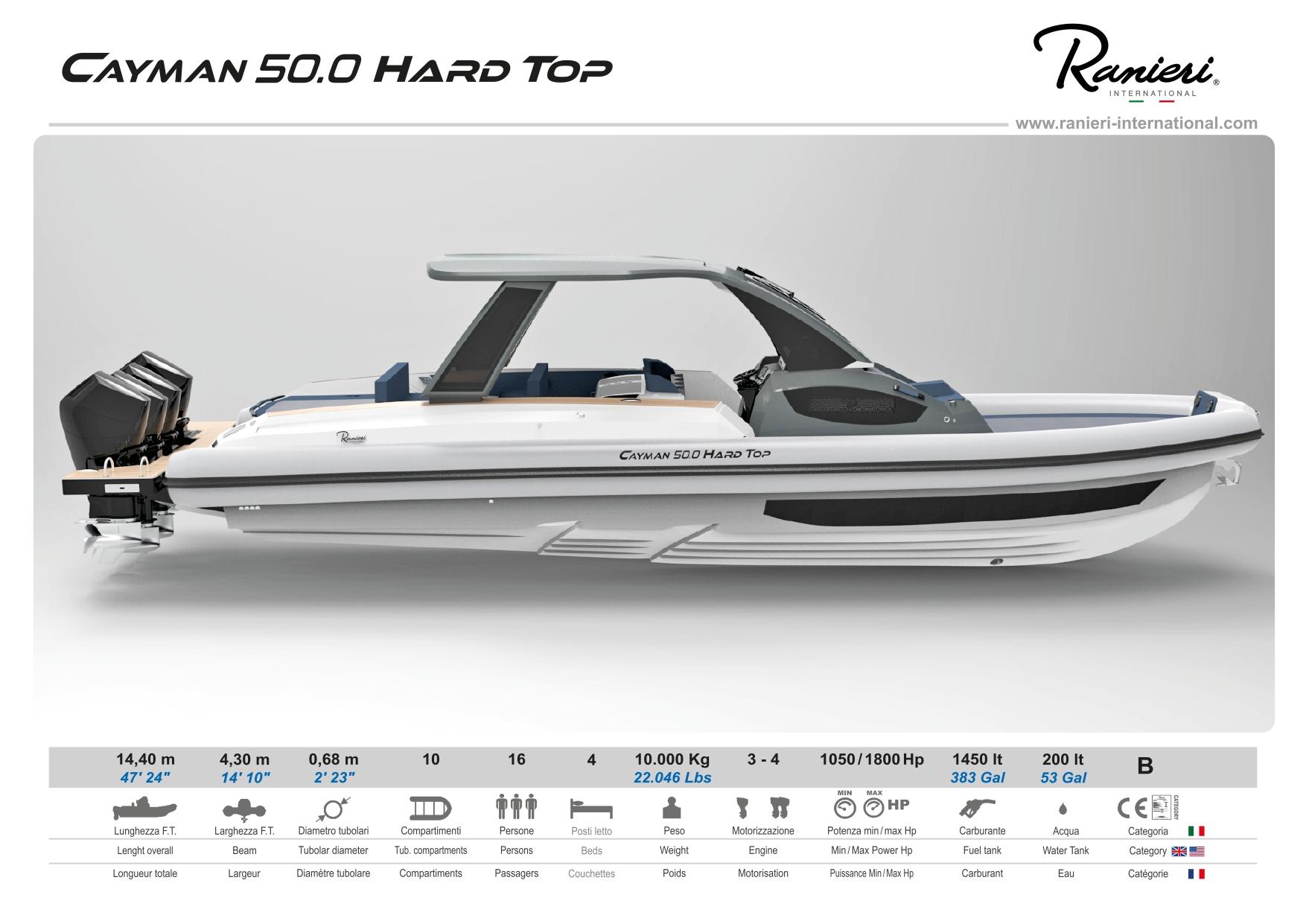 Ranieri Cayman 50 Hard Top 2025 Ranieri Cayman 50 Hard Top boat, sleek design, side view, specifications displayed below.