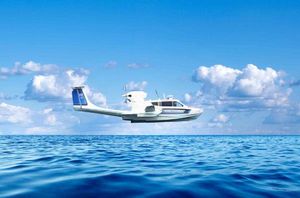 Aron M 80 Futuristic Aron M 80 seaplane flying over ocean, clear blue sky, 2025 model.