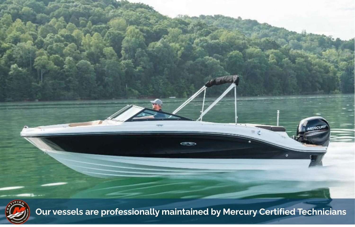 Sea Ray SPX 210 Outboard 2021 Sea Ray SPX 210 Outboard cruising on a serene lake with lush green forest backdrop.