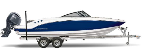 Chaparral 21 SSi OB 2025 Chaparral 21 SSi OB boat on trailer, blue and white design, outboard motor.