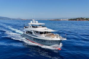 Selene 72 Ocean Explorer Luxurious 2020 Jet Tern SELENE 72 yacht cruising on open blue sea.