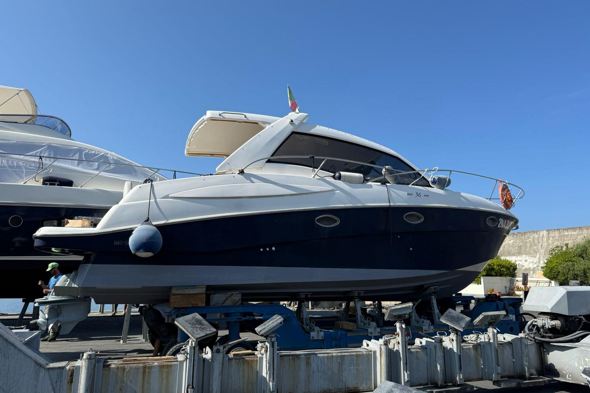 Rio Yachts Rio 36 Air 2009 Rio Yachts Rio 36 Air on dry dock under clear blue sky.