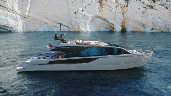 Extra X90 Fast Luxury yacht Extra X90 Fast 2026 cruising near rocky cliffs.
