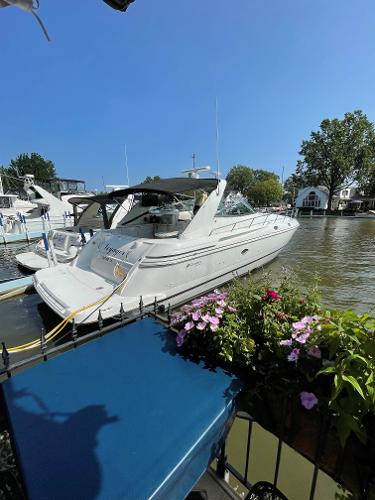 Cruisers Yachts 4270 Express 2002 Cruisers Yachts 4270 Express docked by a flower-adorned pier.