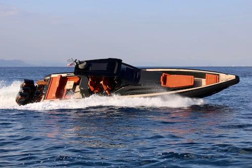 Technohull Omega 47 2021 Technohull Omega 47 speedboat cruising on open water.