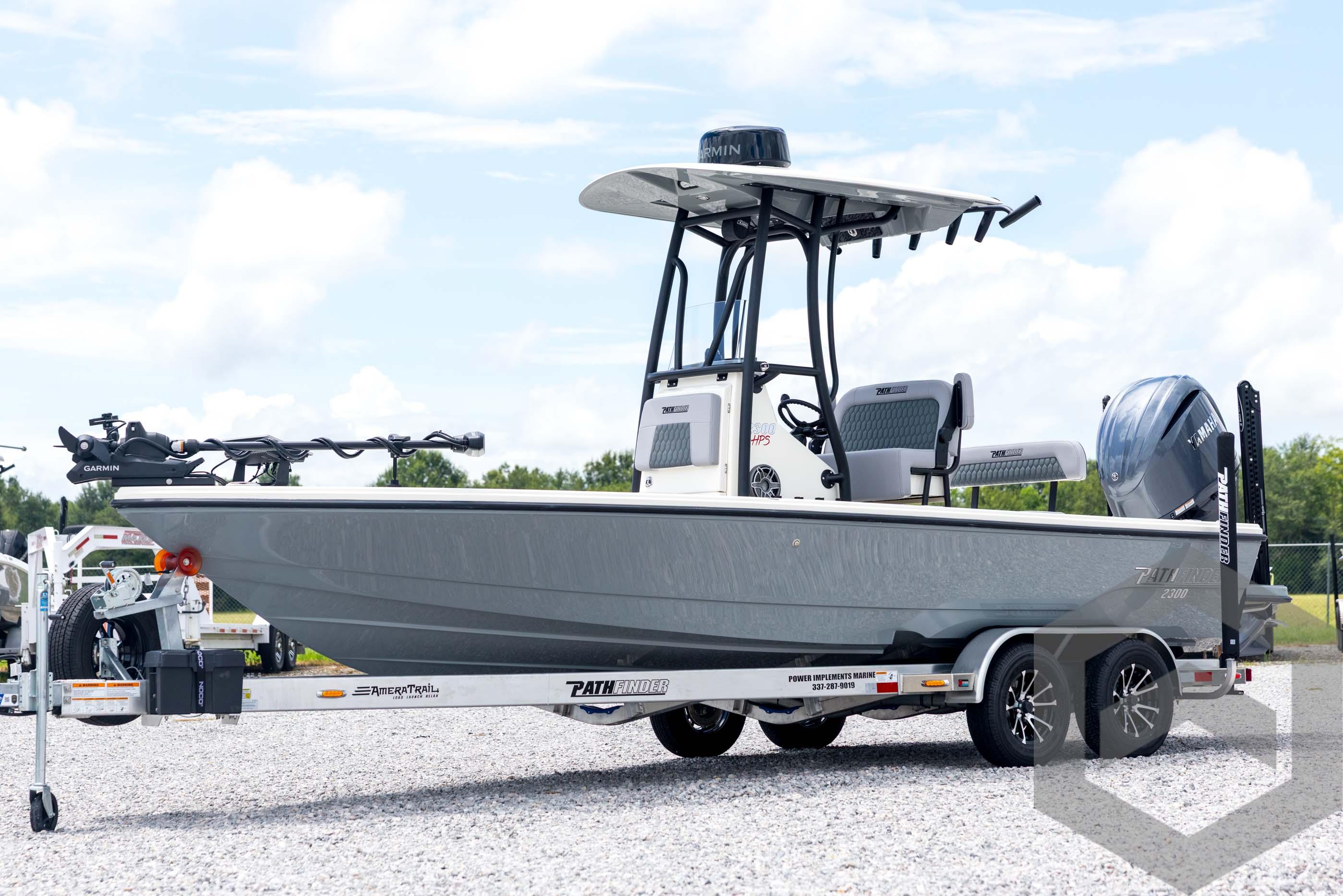Pathfinder 2300 HPS 2025 Pathfinder 2300 HPS boat on trailer, featuring Garmin equipment and Yamaha engine.