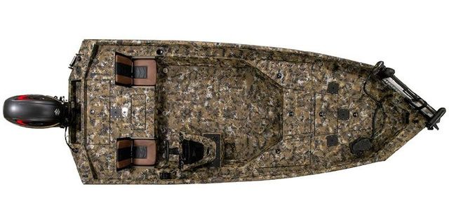 Excel 203 Bolt Top view of 2026 Excel 203 Bolt boat with camouflage design and dual seating.