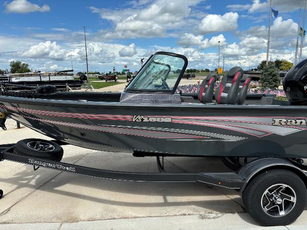 Ranger VS1682SC Angler 2024 Ranger VS1682SC Angler fishing boat on trailer, side view, outdoors.