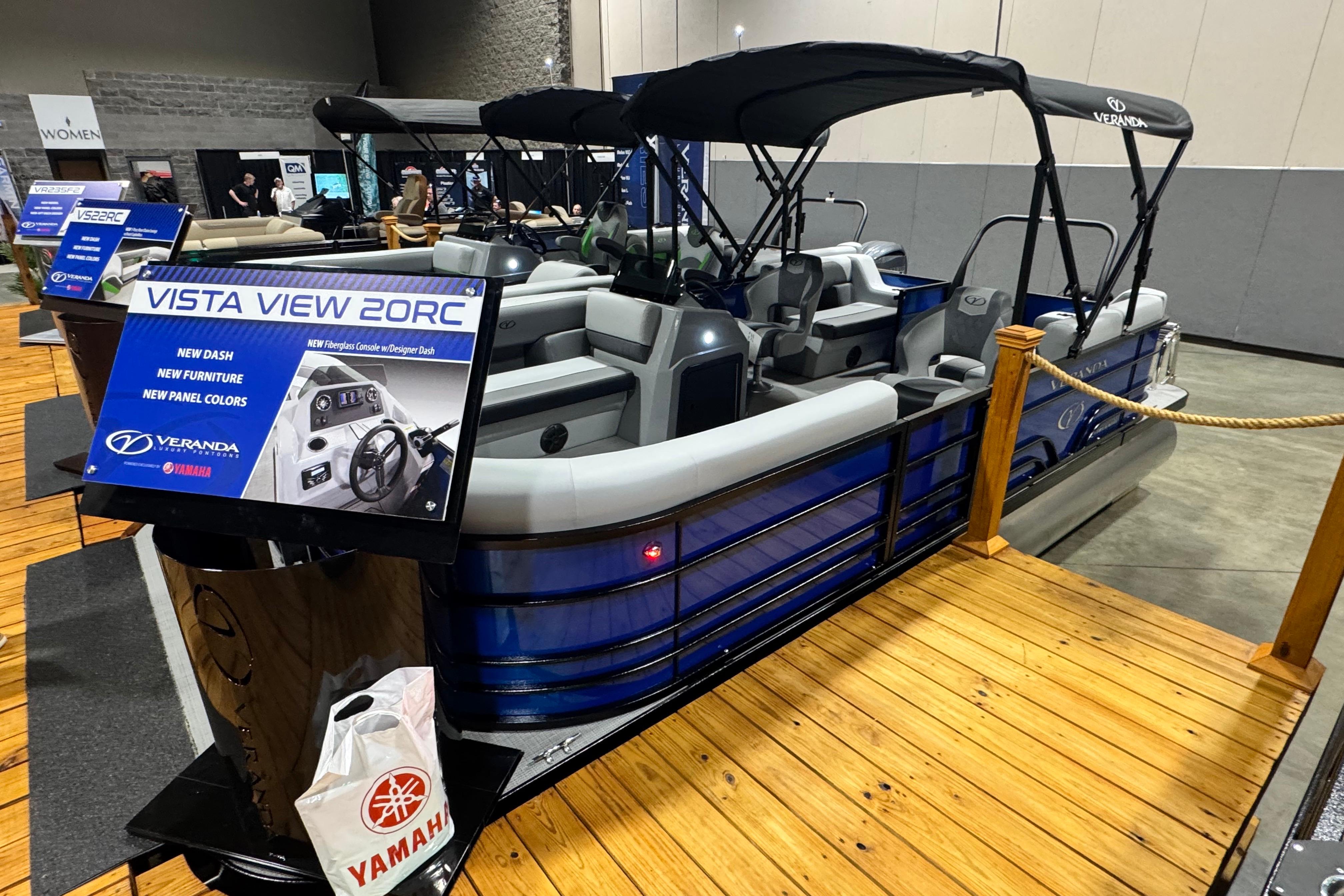 Veranda Vista View 20RC 2026 Veranda Vista View 20RC pontoon boat displayed indoors with new features highlighted.