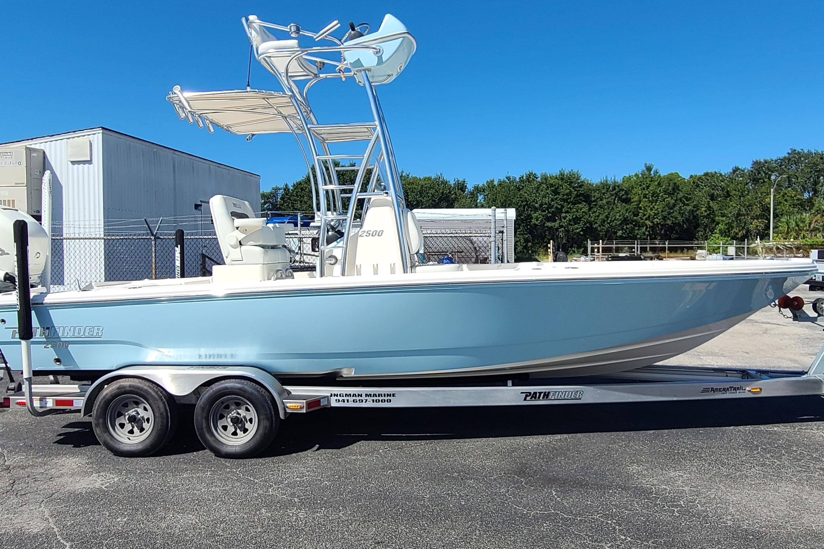Pathfinder 2500 Hybrid 2023 Pathfinder 2500 Hybrid boat on trailer, light blue hull, sunny day.
