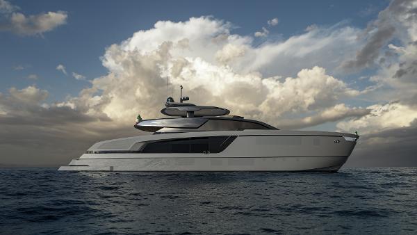 Extra X98 RPH Luxury yacht Extra X98 RPH 2026 on open sea with dramatic sky.