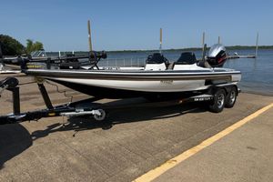 Skeeter ZX250 2004 Skeeter ZX250 boat on trailer by a lake under clear blue sky.