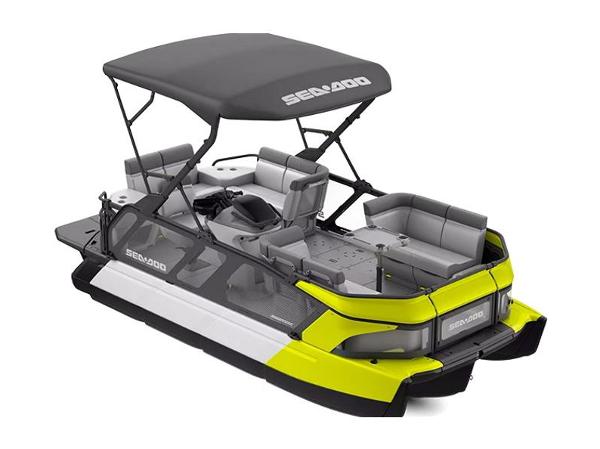 Sea-Doo Switch Cruise 18 2024 Sea-Doo Switch Cruise 18 pontoon boat with canopy and seating.