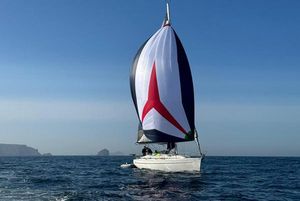 Bavaria 38 Sailing yacht Bavaria 38 (2004) with colorful spinnaker on open sea.