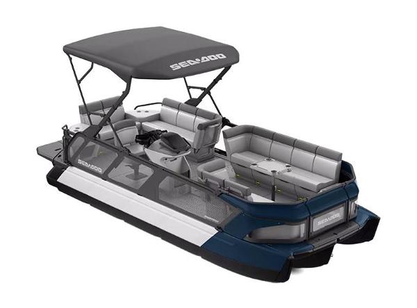 Sea-Doo Switch Cruise 21 2024 Sea-Doo Switch Cruise 21 pontoon boat with canopy and spacious seating.