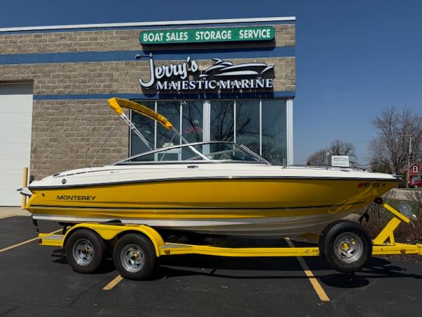 Monterey 194FS Yellow 2008 Monterey 194FS boat on trailer at Jerry's Majestic Marine dealership.
