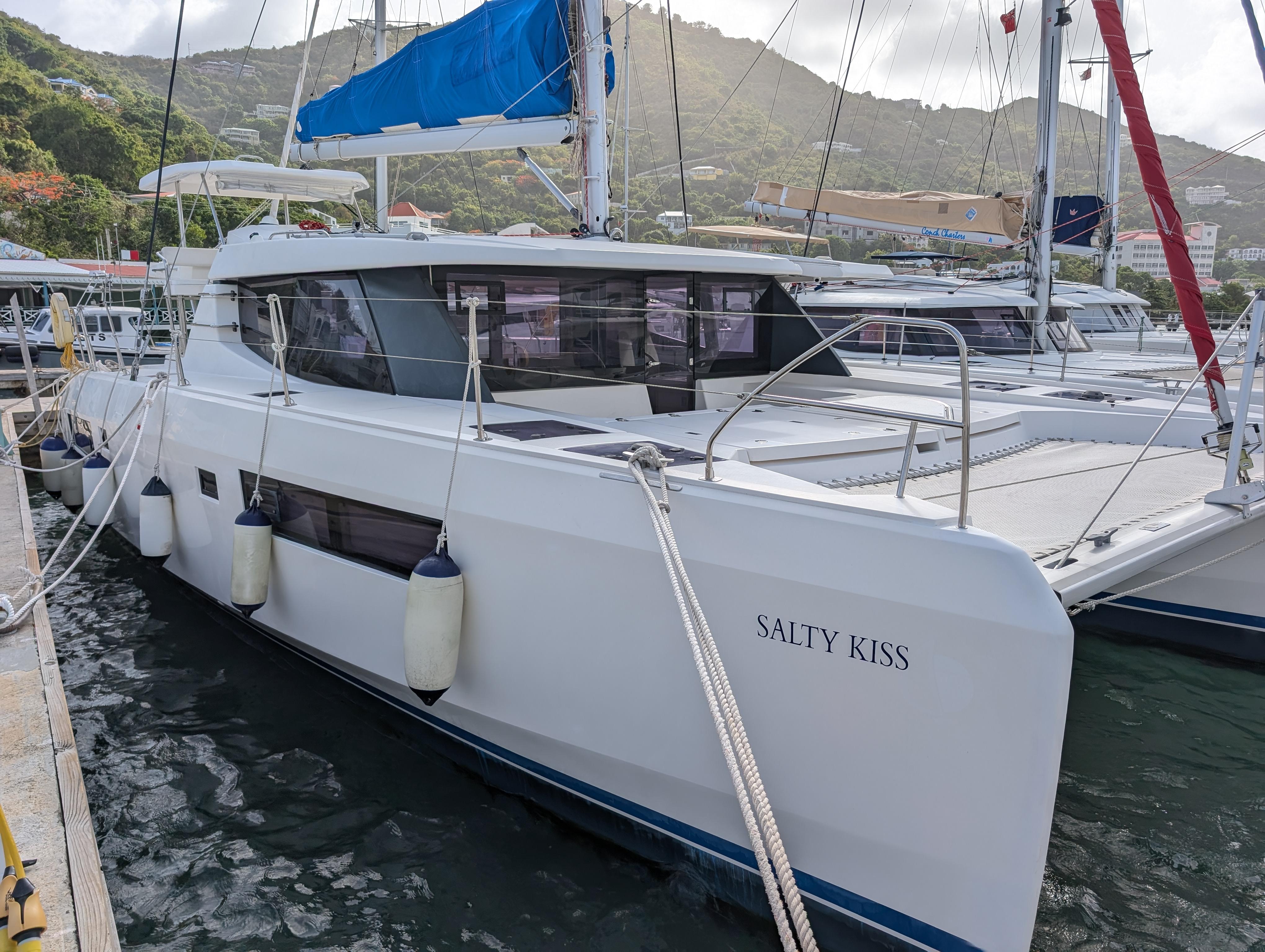 Leopard 45 Leopard 45 catamaran named "Salty Kiss" docked at marina, 2020 model.