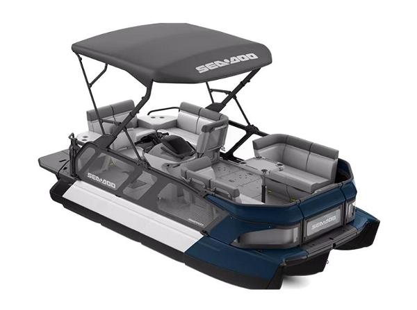 Sea-Doo Switch Cruise 18 2024 Sea-Doo Switch Cruise 18 pontoon boat with canopy and seating.