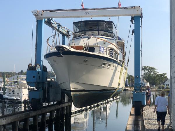 Hatteras 48 Motor Yacht 1981 Hatteras 48 Motor Yacht in dry dock, marina setting.