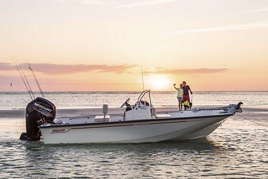 Boston Whaler 170 Montauk 2026 Boston Whaler 170 Montauk boat at sunset with people enjoying the view.