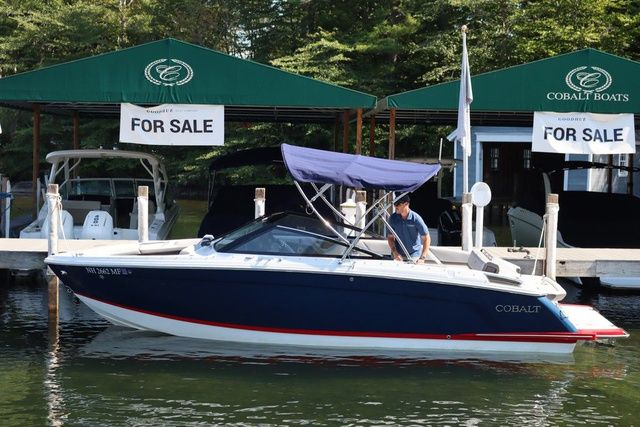 Cobalt R6 2025 Cobalt R6 boat for sale at dock, featuring sleek design and canopy.