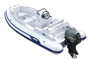 AB Inflatables Nautilus 12 DLX 2024 AB Inflatables Nautilus 12 DLX boat with Yamaha outboard motor, white and blue design.
