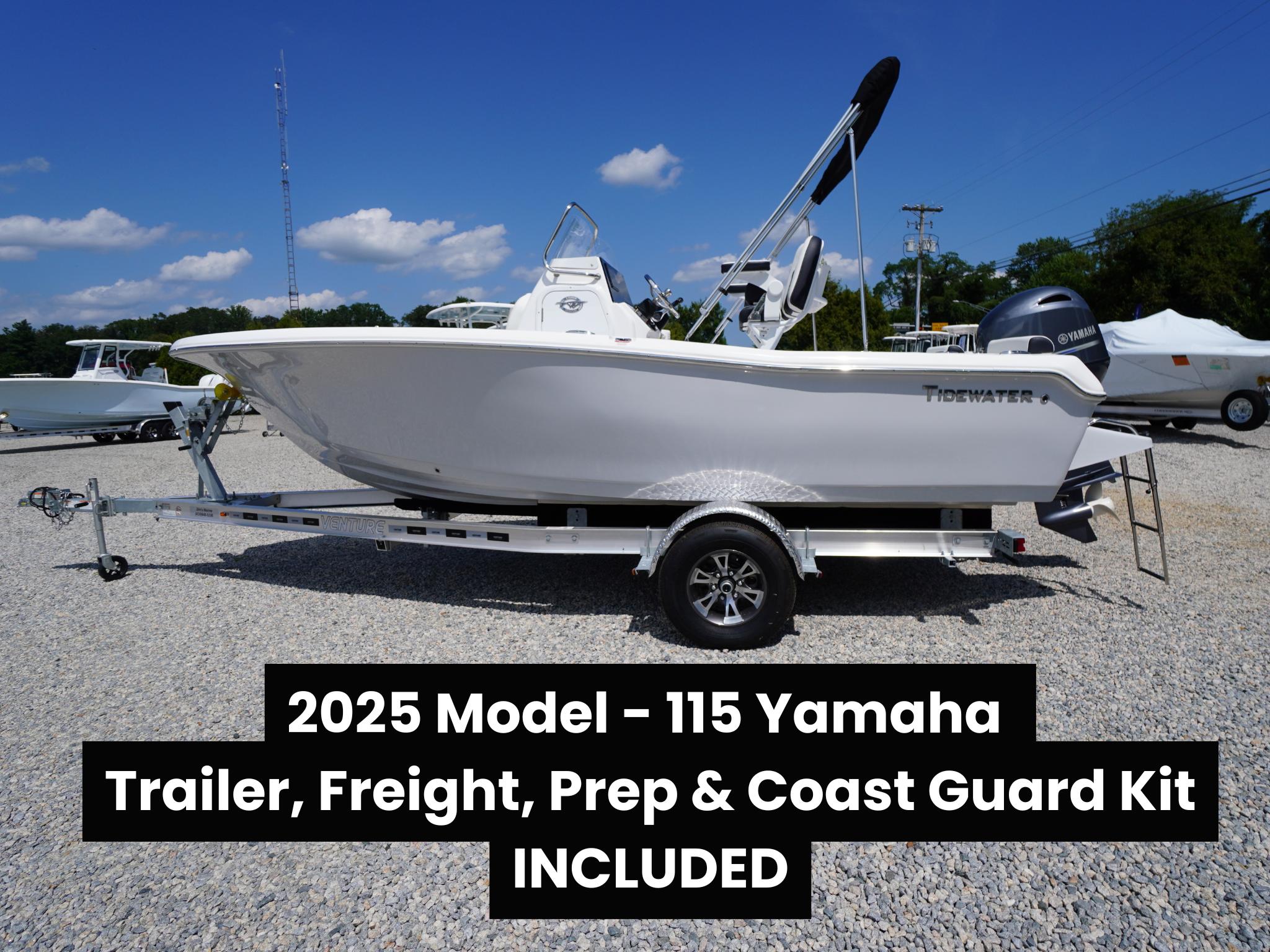 Tidewater 198 CC Adventure 2025 Tidewater 198 CC Adventure boat with Yamaha engine on trailer, accessories included.