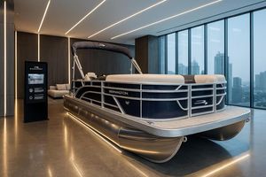 Bennington 20 SL 2025 Bennington 20 SL pontoon boat displayed in modern showroom with city view.