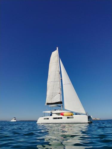 Lagoon 50 2018 Lagoon 50 sailboat on calm sea under clear blue sky.