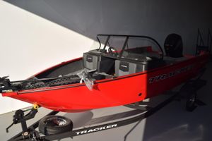 Tracker Pro Guide V-175 Combo 2026 Tracker Pro Guide V-175 Combo boat in vibrant red on trailer.