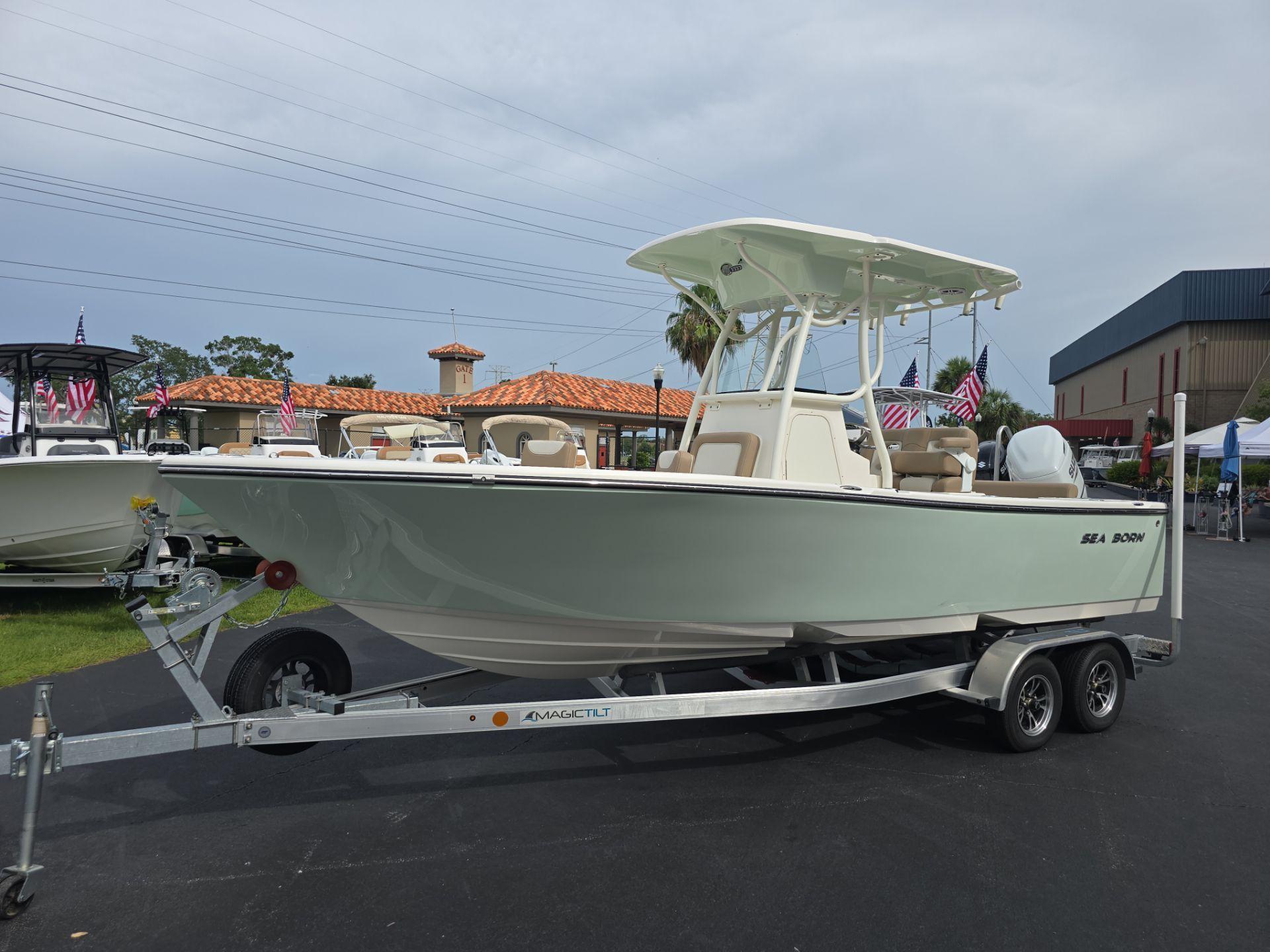 Sea Born LX22 Center Console 2025 Sea Born LX22 Center Console boat on trailer, displayed outdoors.