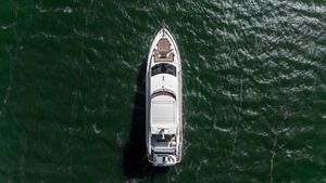 Sunseeker Manhattan 66 Aerial view of 2019 Sunseeker Manhattan 66 yacht cruising on green water.