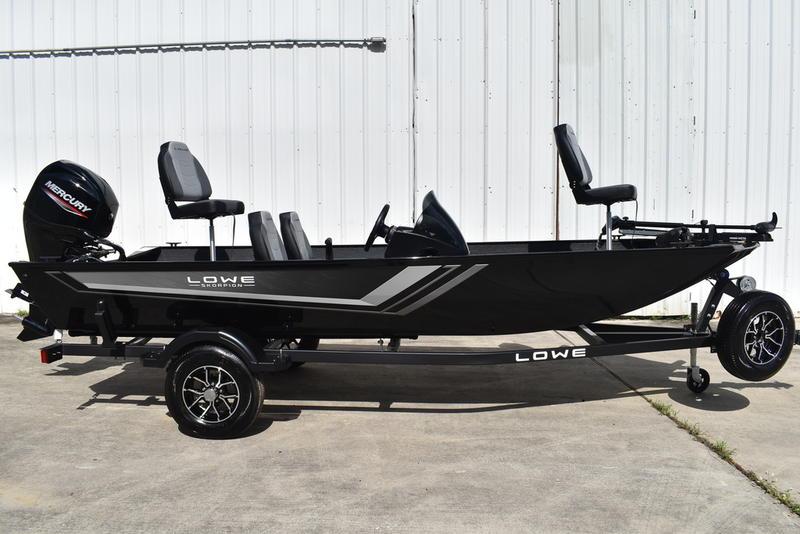 Lowe Skorpion 17 2026 Lowe Skorpion 17 fishing boat on trailer, featuring Mercury outboard motor.