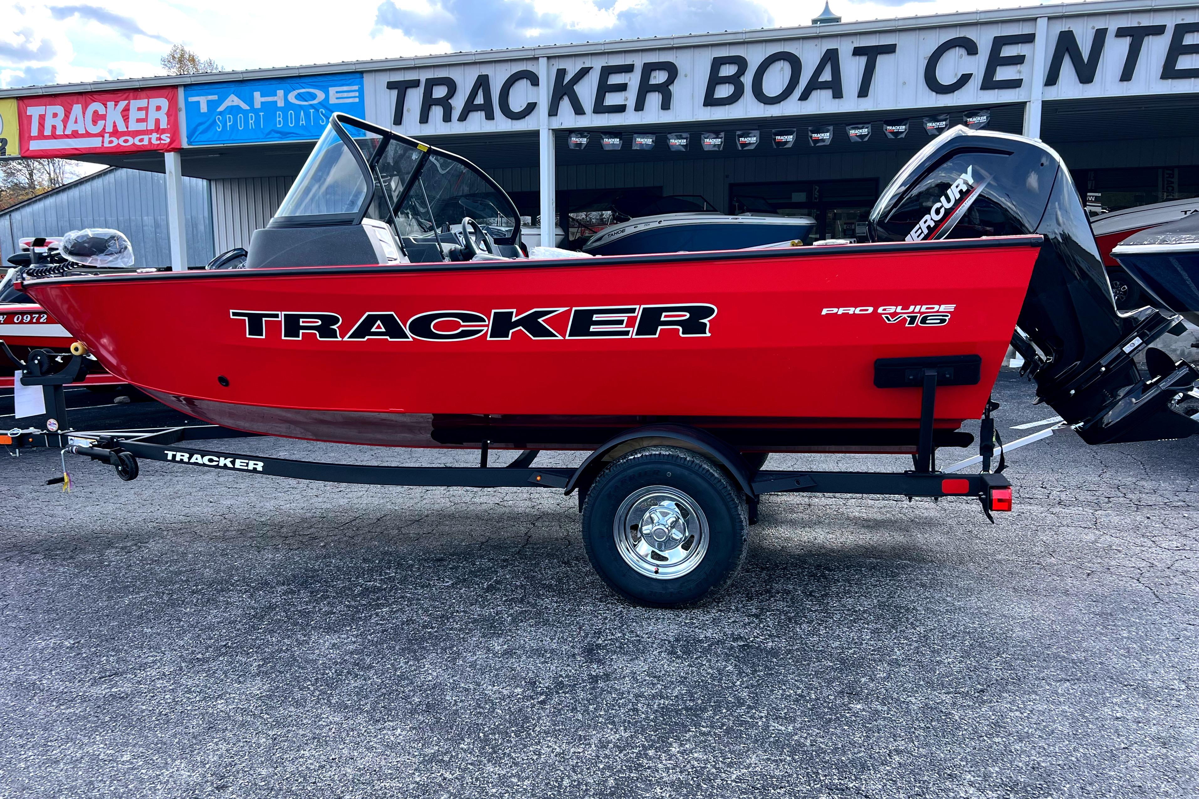 Tracker Pro Guide V-16 WT 2026 Tracker Pro Guide V-16 WT boat in vibrant red at Tracker Boat Center.
