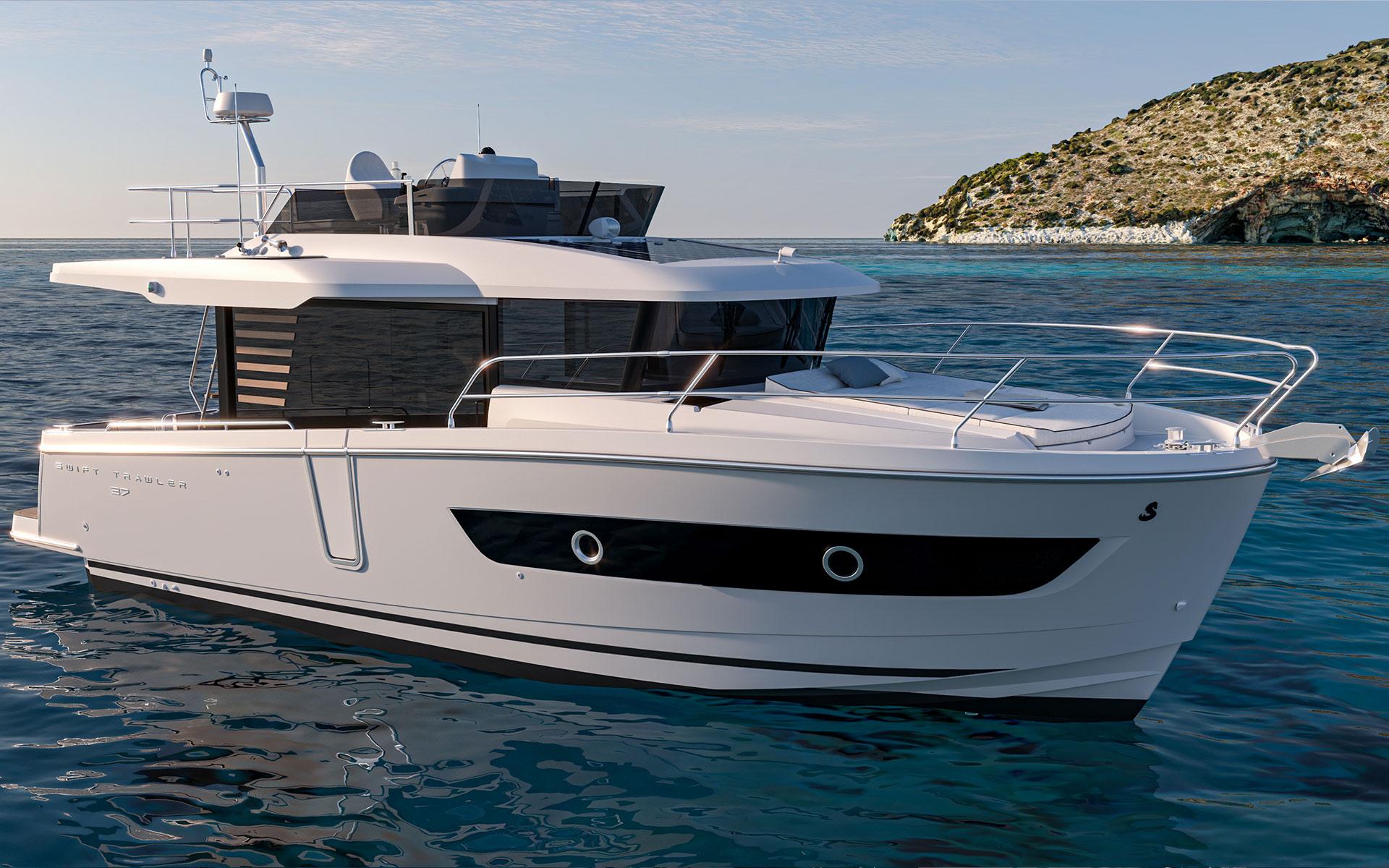 Beneteau 37 Swift Trawler 2026 Beneteau 37 Swift Trawler cruising near rocky coastline.