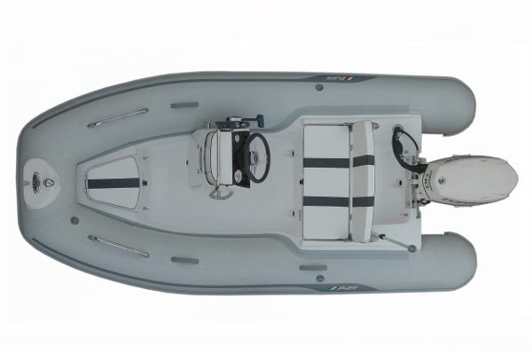AB Inflatables Oceanus 11 VST 2024 AB Inflatables 11 VST boat, top view, gray with white and black accents.