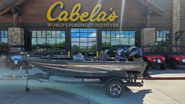 Ranger VS1682SC Angler 2024 Ranger VS1682SC Angler boat displayed at Cabela's store entrance.