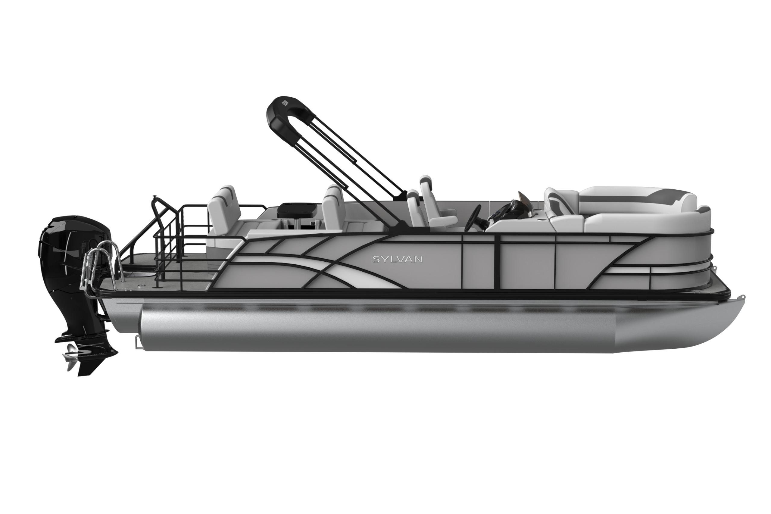 Sylvan L3 DLZ 2026 Sylvan L3 DLZ pontoon boat, sleek design, side view, modern seating, outboard motor.