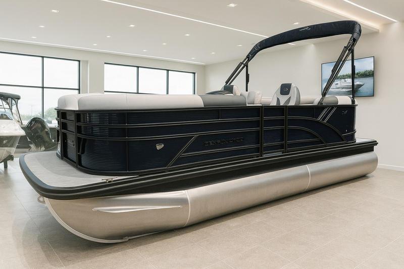 Bennington S Quad Bench 20 SSR 2026 Bennington S Quad Bench 20 SSR pontoon boat in showroom, sleek design.